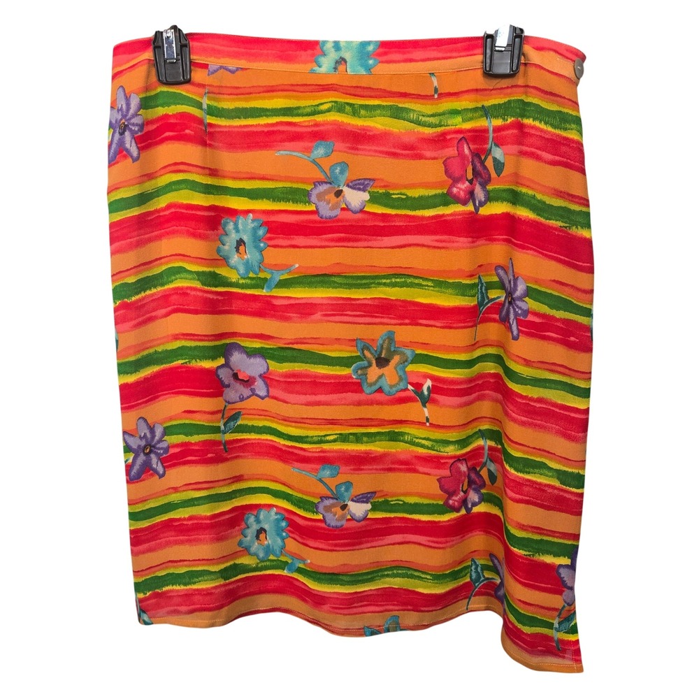 Vintage Harold's 100% Silk Floral Striped Pencil Skirt Womens 12 Orange‎ Bright